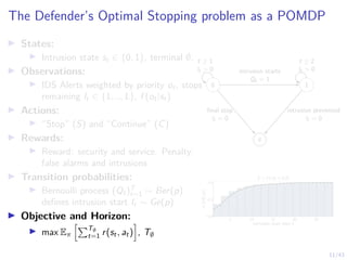 11/43
The Defender’s Optimal Stopping problem as a POMDP
I States:
I Intrusion state st ∈ {0, 1}, terminal ∅.
I Observations:
I IDS Alerts weighted by priority ot, stops
remaining lt ∈ {1, .., L}, f (ot|st)
I Actions:
I “Stop” (S) and “Continue” (C)
I Rewards:
I Reward: security and service. Penalty:
false alarms and intrusions
I Transition probabilities:
I Bernoulli process (Qt)T
t=1 ∼ Ber(p)
defines intrusion start It ∼ Ge(p)
I Objective and Horizon:
I max Eπ
hPT∅
t=1 r(st, at)
i
, T∅
0 1
∅
t ≥ 1
lt  0
t ≥ 2
lt  0
intrusion starts
Qt = 1
final stop
lt = 0
intrusion prevented
lt = 0
5 10 15 20 25
intrusion start time t
0.0
0.5
1.0
CDF
I
t
(t)
It ∼ Ge(p = 0.2)
 