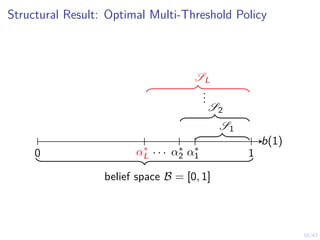 16/43
Structural Result: Optimal Multi-Threshold Policy
b(1)
0 1
belief space B = [0, 1]
S1
S2
.
.
.
SL
α∗
1
α∗
2
α∗
L
. . .
 