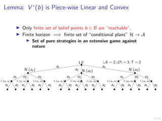 17/43
Lemma: V ∗
(b) is Piece-wise Linear and Convex
I Only finite set of belief points b ∈ B are “reachable”.
I Finite horizon =⇒ finite set of “conditional plans” H → A
I Set of pure strategies in an extensive game against
nature
N.{a1} N.{a2} N.{a3}
1.{a1, o1} 1.{a1, o2} 1.{a1, o3} 1.{a3, o3}
1.{a3, o2}
1.{a3, o1}
1.{a2, o1} 1.{a2, o2} 1.{a2, o3}
1.∅ |A| = 2, |O| = 3, T = 2
a1
a2
a3
o1 o2 o3 o1 o2 o3 o3
o2
o1
a1 a2 a1 a2 a1 a2 a1 a2 a1 a2 a1 a2 a2
a1
a2
a1
a2
a1
 