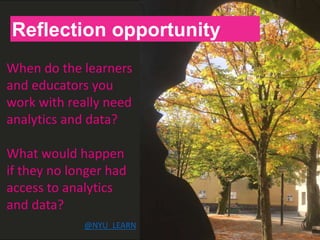 H
Reflection opportunity
When do the learners
and educators you
work with really need
analytics and data?
What would happen
if they no longer had
access to analytics
and data?
@NYU_LEARN
 