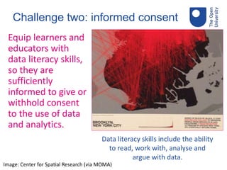 Challenge two: informed consent
Equip learners and
educators with
data literacy skills,
so they are
sufficiently
informed to give or
withhold consent
to the use of data
and analytics.
Data literacy skills include the ability
to read, work with, analyse and
argue with data.
Image: Center for Spatial Research (via MOMA)
 