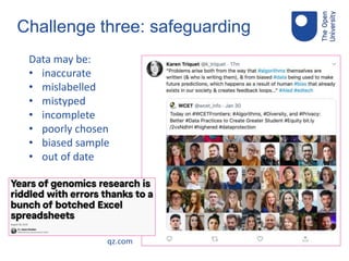 Challenge three: safeguarding
Data may be:
• inaccurate
• mislabelled
• mistyped
• incomplete
• poorly chosen
• biased sample
• out of date
qz.com
 
