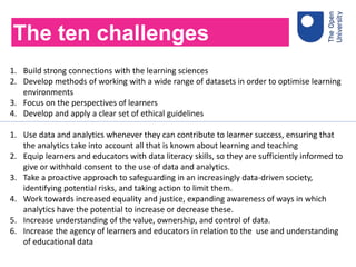 1. Build strong connections with the learning sciences
2. Develop methods of working with a wide range of datasets in order to optimise learning
environments
3. Focus on the perspectives of learners
4. Develop and apply a clear set of ethical guidelines
1. Use data and analytics whenever they can contribute to learner success, ensuring that
the analytics take into account all that is known about learning and teaching
2. Equip learners and educators with data literacy skills, so they are sufficiently informed to
give or withhold consent to the use of data and analytics.
3. Take a proactive approach to safeguarding in an increasingly data-driven society,
identifying potential risks, and taking action to limit them.
4. Work towards increased equality and justice, expanding awareness of ways in which
analytics have the potential to increase or decrease these.
5. Increase understanding of the value, ownership, and control of data.
6. Increase the agency of learners and educators in relation to the use and understanding
of educational data
The ten challenges
 