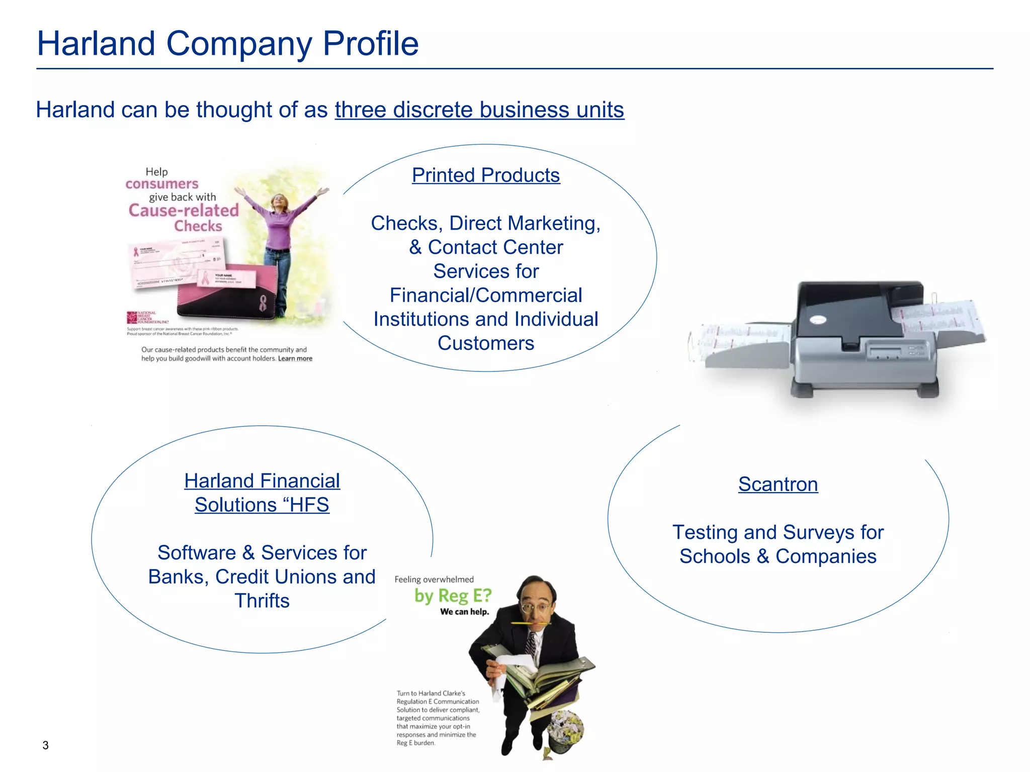 Harland Company Profile
Harland can be thought of as three discrete business units

                                      Printed Products

                                  Checks, Direct Marketing,
                                       & Contact Center
                                          Services for
                                    Financial/Commercial
                                  Institutions and Individual
                                           Customers




              Harland Financial                                        Scantron
               Solutions “HFS
                                                                Testing and Surveys for
            Software & Services for                              Schools & Companies
           Banks, Credit Unions and
                    Thrifts




3
 