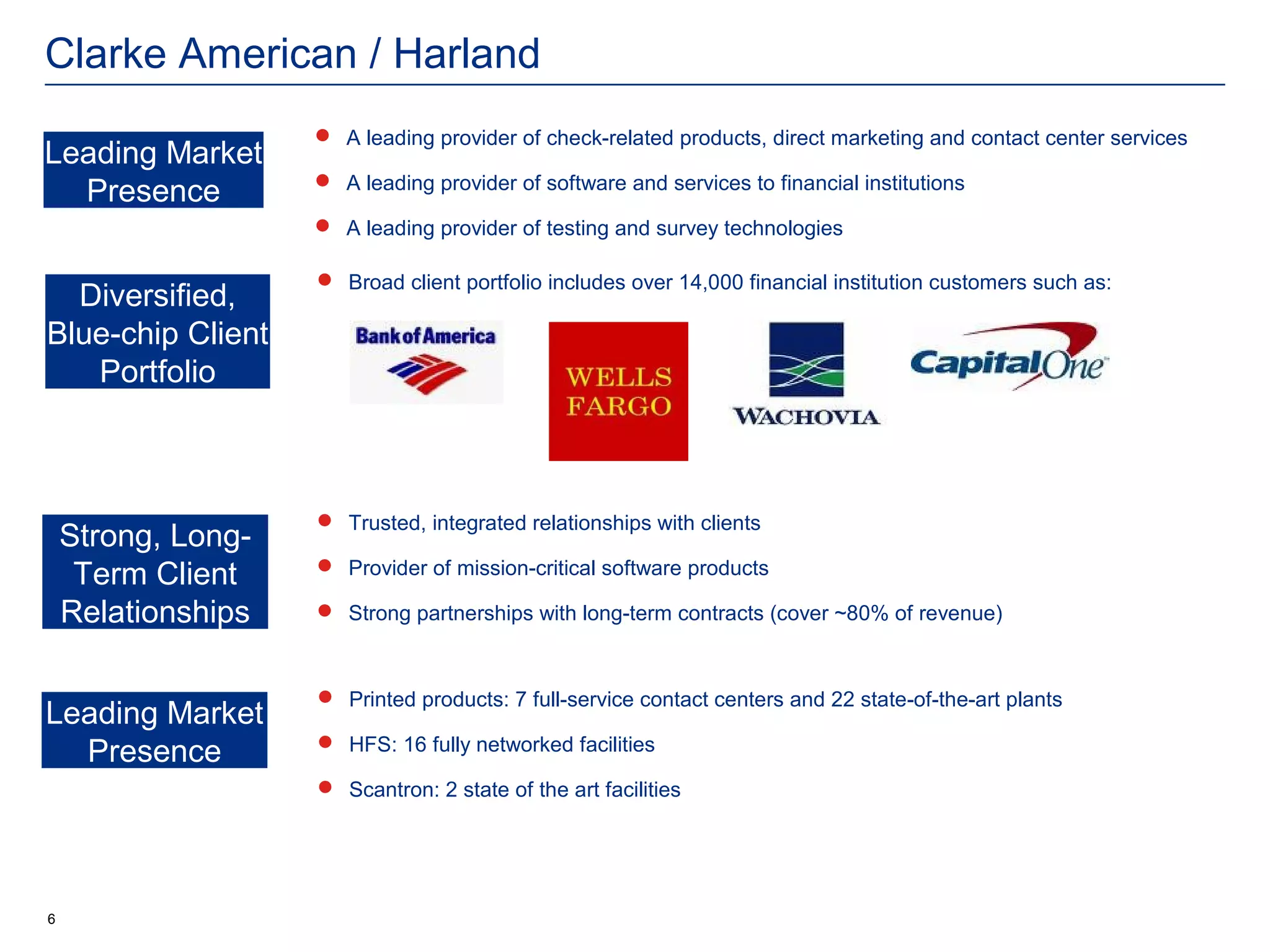 Clarke American / Harland
                     A leading provider of check-related products, direct marketing and contact center services
Leading Market
                     A leading provider of software and services to financial institutions
  Presence
                     A leading provider of testing and survey technologies

                     Broad client portfolio includes over 14,000 financial institution customers such as:
  Diversified,
Blue-chip Client
   Portfolio



                     Trusted, integrated relationships with clients
    Strong, Long-
     Term Client     Provider of mission-critical software products

    Relationships    Strong partnerships with long-term contracts (cover ~80% of revenue)



                     Printed products: 7 full-service contact centers and 22 state-of-the-art plants
Leading Market
                     HFS: 16 fully networked facilities
  Presence
                     Scantron: 2 state of the art facilities




6
 