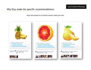 Why Etsy made the specific recommendations:

                …they had access to my friend Laurie’s Likes (via me!)
 