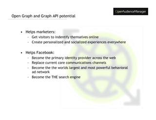 Open Graph and Graph API potential



    •  Helps marketers:
        –  Get visitors to indentify themselves online
        –  Create personalized and socialized experiences everywhere


    •  Helps Facebook:
        –  Become the primary identity provider across the web
        –  Replace current core communications channels
        –  Become the the worlds largest and most powerful behavioral
           ad network
        –  Become the THE search engine
 