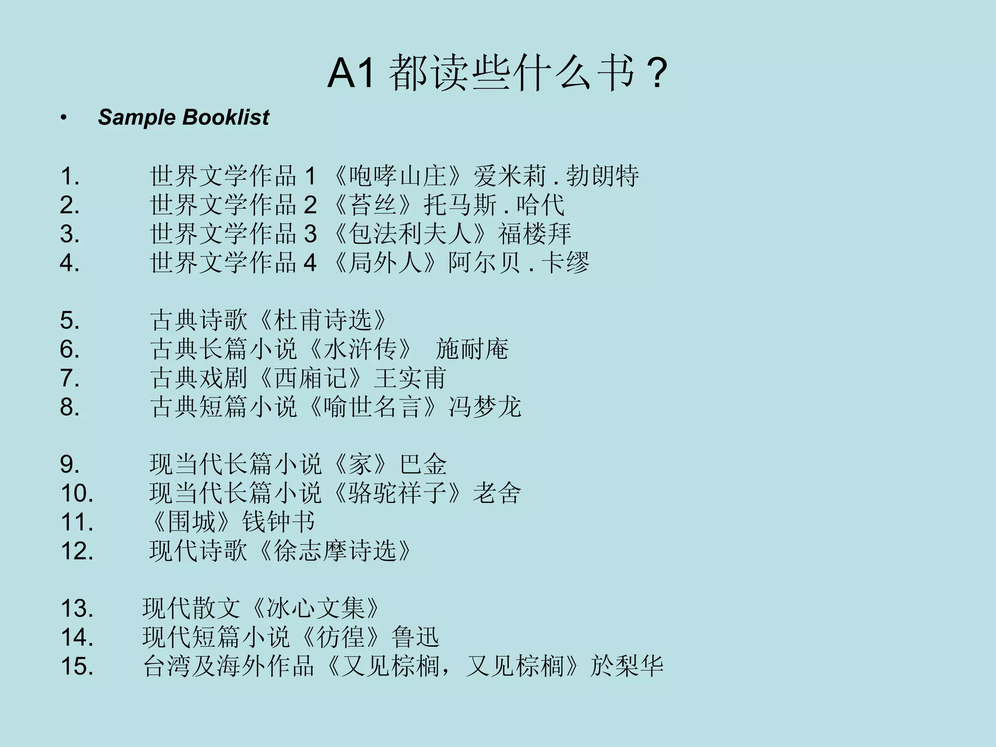 A1 都读些什么书 ? Sample Booklist 1.          世界文学作品 1 《咆哮山庄》爱米莉 . 勃朗特 2.          世界文学作品 2 《苔丝》托马斯 . 哈代 3.          世界文学作品 3 《包法利夫人》福楼拜  4.          世界文学作品 4 《局外人》阿尔贝 . 卡缪    5.          古典诗歌《杜甫诗选》 6.          古典长篇小说《水浒传》 施耐庵 7.          古典戏剧《西廂记》王实甫 8.          古典短篇小说《喻世名言》冯梦龙 9.          现当代长篇小说《家》巴金  10.      现当代长篇小说《骆驼祥子》老舍 11.      《围城》钱钟书 12.      现代诗歌《徐志摩诗选》 13.      现代散文《冰心文集》 14.      现代短篇小说《彷徨》鲁迅 15.      台湾及海外作品《又见棕榈，又见棕榈》於梨华 