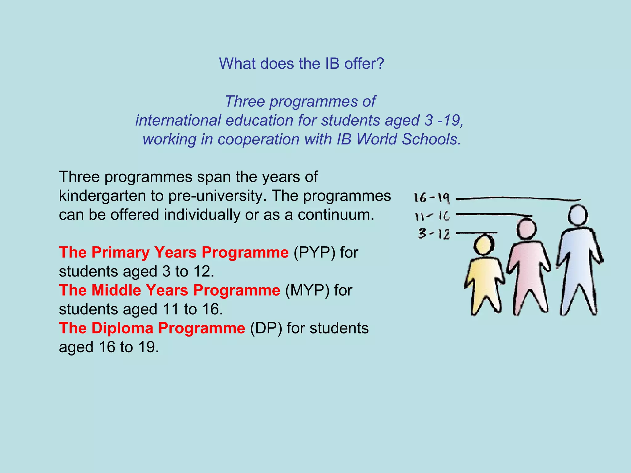 What does the IB offer? Three programmes of  international education for students aged 3 -19,  working in cooperation with IB World Schools. Three programmes span the years of kindergarten to pre-university. The programmes can be offered individually or as a continuum. The Primary Years Programme  (PYP) for students aged 3 to 12. The Middle Years Programme  (MYP) for students aged 11 to 16.  The Diploma Programme  (DP) for students aged 16 to 19.  