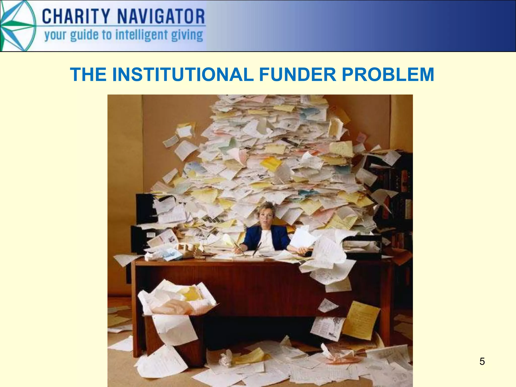 5
THE INSTITUTIONAL FUNDER PROBLEM
 