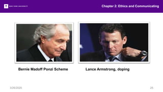 Chapter 2: Ethics and Communicating
3/26/2020 25
Bernie Madoff Ponzi Scheme Lance Armstrong, doping
 