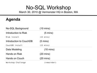 No-SQL Workshop March 30, 2010 @ Vermonster HQ in Boston, MA Agenda No-SQL  Background   (10 mins) Introduction to Riak (5 mins) Riak install  (15 mins) Introduction to CouchDB (5 mins) CouchDB install  (15 mins) Data Modeling  (10 mins) Hands on Riak (20 mins) Hands on Couch (20 mins) Workshop Challenge  (remainder) 
