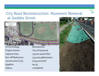 2/6/12

City Road Reconstruction: Pavement Removal     29

at Geddes Street




GI Technology:       Bioretention
Project Owner:       City of Syracuse
Capture Area:        29,700 square feet
Run‐off Reduction:   523,000 gallons/year
Construction Cost:       3,    ( )
                     $203,000 (bid)
$/gallon:            $0.55
Status:              completed
 