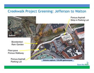 Creekwalk Project Greening: Jefferson to Walton
                                                      Porous Asphalt
                                                      Strip in Parking Lot




Before


   Bioretention
   Bi       i
   Rain Garden

Flexi-pave
Flexi pave
Porous Walkway

  Porous Asphalt     Volume capture: 135,000 gallons/year
  Parking Lot
 