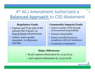 4th
     ACJ Amendment Authorized a
                                                                        2/6/12
                                                                            4

Balanced Approach to CSO Abatement
      Regulatory Goals               Community Impacts/Goals
• Capture and Treat 95% of the      • Improve quality of life through
  Annual CSO Volume via               environmental responsibility
  Gray & Green Infrastructure       • Promote sustainability
• Achieve water quality             • Ensure cost effectiveness in
  standards in tributaries            compliance with ACJ milestones
                                         p
  and lake                          • Community revitalization


                             Major Milestones
              • 89.5% capture/elimination by 12/31/2013
               • 95% capture/elimination by 12/31/2018
                       p    /             y / /
 