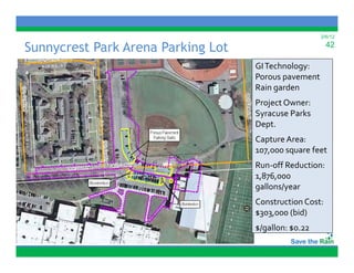 2/6/12

Sunnycrest Park Arena Parking Lot                                                     42

                                                                GI Technology:
                                                                Porous pavement
                                                                Rain garden
                                                                R i   d
                                                                Project Owner:
                                                                Syracuse Parks 
                                                                Dept.
                                                                Capture Area:
                                                                  7,     q
                                                                107,000 square feet
                                                                Run‐off Reduction:
                                                                1,876,000 
                                                                gallons/year
                                                                Construction Cost: 
                                                                $303,000 (bid)
         Map of Proposed Sunnycrest Arena Parking Lot Project   $/gallon: $0.22
 