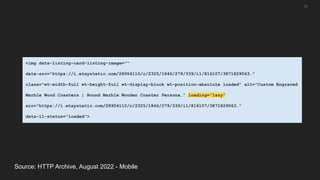 12
Source: HTTP Archive, August 2022 - Mobile
<img data-listing-card-listing-image=""
data-src="https://i.etsystatic.com/28954110/c/2325/1846/279/339/il/816107/3871829563…"
class="wt-width-full wt-height-full wt-display-block wt-position-absolute loaded" alt="Custom Engraved
Marble Wood Coasters | Round Marble Wooden Coaster Persona…" loading="lazy"
src="https://i.etsystatic.com/28954110/c/2325/1846/279/339/il/816107/3871829563…"
data-ll-status="loaded">
 