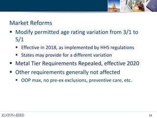 14
Market Reforms
 Modify permitted age rating variation from 3/1 to
5/1
 Effective in 2018, as implemented by HHS regulations
 States may provide for a different variation
 Metal Tier Requirements Repealed, effective 2020
 Other requirements generally not affected
 OOP max, no pre-ex exclusions, preventive care, etc.
 