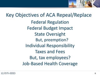 8
Key Objectives of ACA Repeal/Replace
Federal Regulation
Federal Budget Impact
State Oversight
But, preemption?
Individual Responsibility
Taxes and Fees
But, tax employees?
Job-Based Health Coverage
 