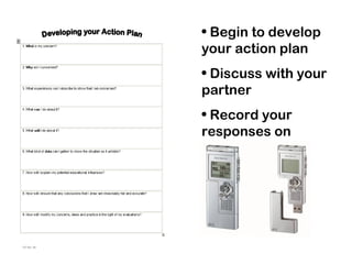 • Begin to develop
your action plan
• Discuss with your
partner
• Record your
responses on
 