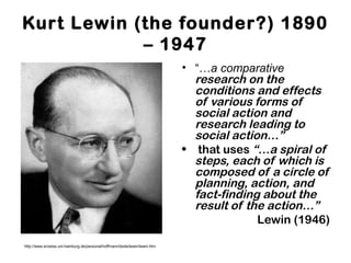 Kurt Lewin (the founder?) 1890
– 1947
• “…a comparative
research on the
conditions and effects
of various forms of
social action and
research leading to
social action…”
• that uses “…a spiral of
steps, each of which is
composed of a circle of
planning, action, and
fact-finding about the
result of the action…”
Lewin (1946)
http://www.erzwiss.uni-hamburg.de/personal/hoffmann/texte/lewin/lewin.htm
 