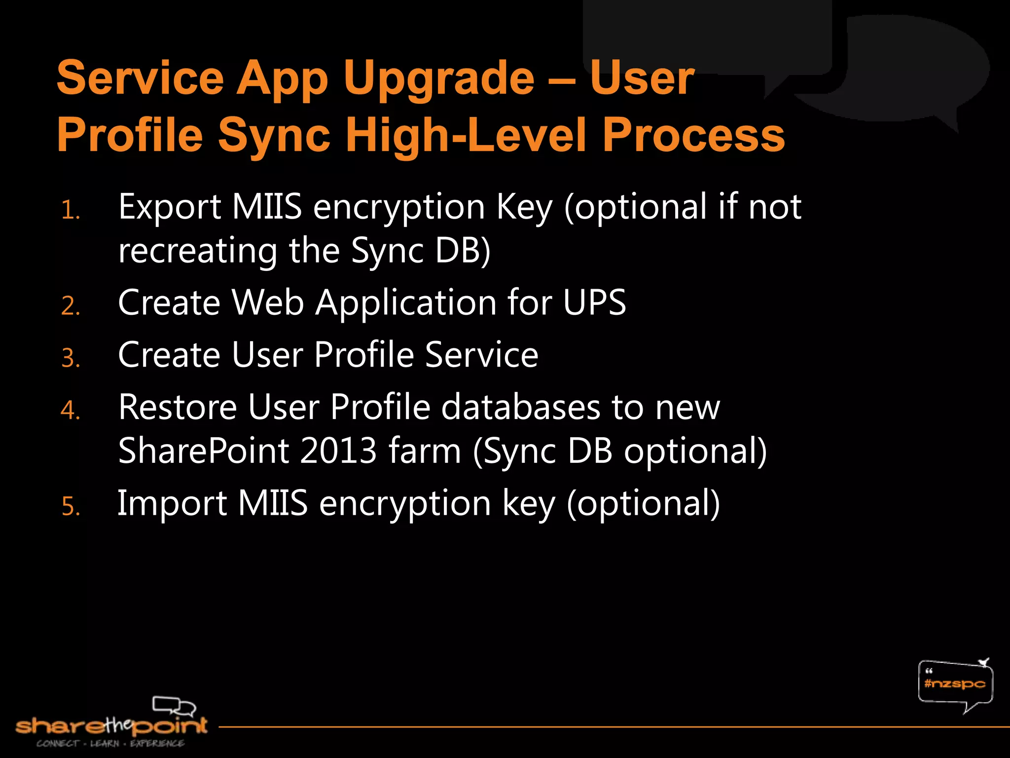 1.   Export MIIS encryption Key (optional if not
     recreating the Sync DB)
2.   Create Web Application for UPS
3.   Create User Profile Service
4.   Restore User Profile databases to new
     SharePoint 2013 farm (Sync DB optional)
5.   Import MIIS encryption key (optional)
 