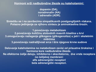 Hormoni srži nadbubrežne žlezde su kateholamini:
dopamin (DA),
noradrenalin (NA)
i adrenalin (ADR).
Sintetišu se i na završecima simpatikusnih postganglijskih vlakana.
Polazno jedinjenje za njihovu sintezu je aminokiselina tirozin.
1.povećavaju metabolizam
2.povećavaju količinu slobodnih masnih kiselina u krvi
3.omogućavaju razlaganje glikogena (glikogenoliza) u jetri i skeletnim
mišićima
3.povećavaju nadražljivost srca i šire njegove krvne sudove
Delovanje kateholamina na metabolizam zavisi od prisustva tiroksina i
hormona kore nadbubrežne žlezde.
Na efektorne ćelije deluju, inhibitorno i ekscitatorno, dve vrste receptora
na ćelijskoj membrani:
alfa adrenergički receptori
beta adrenergički receptori.
 