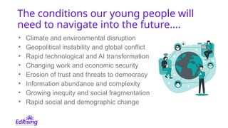 The conditions our young people will
need to navigate into the future….
• Climate and environmental disruption
• Geopolitical instability and global conflict
• Rapid technological and AI transformation
• Changing work and economic security
• Erosion of trust and threats to democracy
• Information abundance and complexity
• Growing inequity and social fragmentation
• Rapid social and demographic change
 