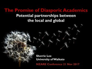 The Promise of Diasporic Academics
Potential partnerships between
the local and global
Sherrie Lee
University of Waikato
NZARE Conference 21 Nov 2017
 