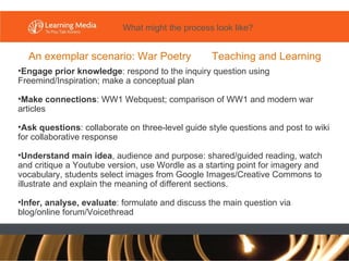 An exemplar scenario: War Poetry  Teaching and Learning Engage prior knowledge : respond to the inquiry question using Freemind/Inspiration; make a conceptual plan Make connections : WW1 Webquest; comparison of WW1 and modern war articles Ask questions : collaborate on three-level guide style questions and post to wiki for collaborative response Understand main idea , audience and purpose: shared/guided reading, watch and critique a Youtube version, use Wordle as a starting point for imagery and vocabulary, students select images from Google Images/Creative Commons to illustrate and explain the meaning of different sections. Infer, analyse, evaluate : formulate and discuss the main question via blog/online forum/Voicethread What might the process look like? 