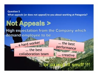 Question 5
What appeals (or does not appeal) to you about working at Patagonia?
… the best
collaboration team
 