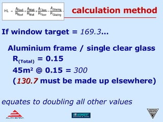 calculation method If window target =  169.3 … Aluminium frame / single clear glass   R (Total)  = 0.15   45m 2  @ 0.15 =  300   ( 130.7  must be made up elsewhere) equates to doubling all other values 
