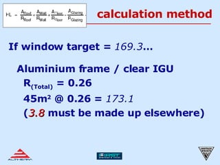 calculation method If window target =  169.3 … Aluminium frame / clear IGU   R (Total)  = 0.26   45m 2  @ 0.26 =  173.1   ( 3.8  must be made up elsewhere) 