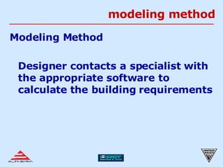 modeling method Modeling Method Designer contacts a specialist with the appropriate software to calculate the building requirements 