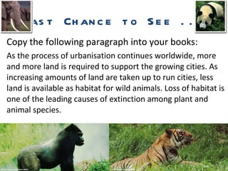 Last Chance to See ... Copy the following paragraph into your books:  As the process of urbanisation continues worldwide, more and more land is required to support the growing cities. As increasing amounts of land are taken up to run cities, less land is available as habitat for wild animals. Loss of habitat is one of the leading causes of extinction among plant and animal species.  