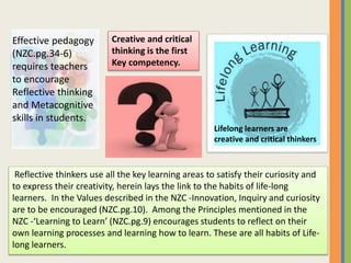 Reflective thinkers use all the key learning areas to satisfy their curiosity and
to express their creativity, herein lays the link to the habits of life-long
learners. In the Values described in the NZC -Innovation, Inquiry and curiosity
are to be encouraged (NZC.pg.10). Among the Principles mentioned in the
NZC -‘Learning to Learn’ (NZC.pg.9) encourages students to reflect on their
own learning processes and learning how to learn. These are all habits of Life-
long learners.
Lifelong learners are
creative and critical thinkers
Effective pedagogy
(NZC.pg.34-6)
requires teachers
to encourage
Reflective thinking
and Metacognitive
skills in students.
Creative and critical
thinking is the first
Key competency.
 