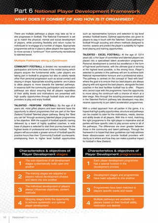 The sub-objectives of all development
stages systematically build upon one
another
Each player development programme
has a special function in the
development process
The training stages are adjusted to
players natural development phases
and blend into one another
Development stages and programmes
have been adjusted to one another
The individual development of players
always influences objectives, content,
methods
Programmes have been matched to
players specific wants and needs
Skipping stages limits the opportunity
to achieve systematic and optimal
player development
Multiple pathways are available for
players based on their football ability,
motivation and desires
Characteristics & objectives of
Player Development stages
Characteristics & objectives of
Player Development programmes
1
2
3
4
1
2
3
4
WHAT DOES IT CONSIST OF AND HOW IS IT ORGANISED?
Part 6 National Player Development Framework
There are multiple pathways a player may take as he or
she progresses in football. The National Framework is set
up to match the physical, mental and social development
of players, while providing flexibility and return routes for
individuals to re-engage at a number of stages. Appropriate
programmes will be in place to allow players the opportunity
to move across a “continuum” from community-recreational
to talented-excel.
Multiple Pathways along a Continuum
COMMUNITY FOOTBALL is divided into recreational and
participation and forms the base of the model during which
players acquire the fundamental skills. Later players are
taking part in football to progress but also to satisfy needs
other than personal progression such as social contact and
staying in shape. Appropriate scouting systems are in place
to allow players to move towards the talented pathways.
In essence both the community participation and recreation
pathways are about ensuring that all players regardless
of their ability levels and motivations are presented with
high quality opportunities through football clubs and other
providers to play and enjoy football.
TALENTED - PERFORM FOOTBALL: By the age of 8
years old, most gifted players and keen learners have the
opportunity to attend programmes that are part of the New
Zealand Football Talented player pathway. Being the “Best
you can be” through accessing talented player programmes
is the objective. With the support of football specific training
delivered by a team of highly qualified coaches, a wide
base of players is selected to start their journey towards the
highest levels of professional and amateur football. These
players will accumulate a greater amount of football specific
practice hours than their ‘Community Football’ counterparts,
predisposing them to higher level football opportunities
such as representative honours and selection to top level
amateur football teams. Optimal opportunities are given to
players to stay in touch with the Talented - Excel pathway in
football through scouting and others methods designed to
monitor, assess and predict the player’s suitability for higher
level playing and training opportunities.
TALENTED - EXCEL FOOTBALL: At the age of 13/14
years old, a thin layer of committed and talented players are
placed into a specialised talent acceleration programme.
Personal development is central but excellence in the form
of high-level performance, with the ultimate goal of winning
at the highest level possible, is the driving force. Player’s
selected to partake in this pathway will aim to achieve both
National representative honours and a professional status.
The pathway is centred on the concept of “best with best”
where the goal is to ensure that our best players are always
playing with and against the best players, alongside the best
coaches in the best facilities football has to offer. Players
who cannot cope with the programme, have the opportunity
to move along the continuum with a chance of return at a
later stage. Also through the scouting processes employed
in the Talented Perform pathway late developers may also
receive opportunity to join talent acceleration programmes.
With a united approach from all parties in the game, it is
hoped that high quality opportunities, structure and pathways
can be created to cater for the motivations, needs, desires
and ability levels of all players. With this in mind, matching
the right programme to the right player is imperative and all
parties will have specific roles to play across some or all of
the pathways. The differences are even greater between
those in the community and talent pathways. Through the
framework it is hoped that clear guidelines can help address
these idiosyncrasies and provide football providers with
clarity as to where and how they can make a positive impact
for football in New Zealand.
16 National Framework
 