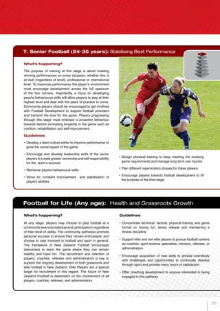 7. Senior Football (24-35 years): Stabilising Best Performance
Football for Life (Any age): Health and Grassroots Growth
What’s happening?
The purpose of training at this stage is about creating
winning performances on every occasion, whether this is
at club (regardless of level), professional or international
level. To maximise performance the player’s environment
must encourage development across the full spectrum
of the four corners. Importantly, a focus on developing
psycho-behavioural skills will allow players to stay at their
highest level and deal with the years of practice to come.
Community players should be encouraged to get involved
with Football Development to support football providers
and transmit the love for the game. Players progressing
through this stage must embrace a proactive behaviour
towards factors increasing longevity in the game such as
nutrition, rehabilitation and self-improvement.
Guidelines
•	Develop a team culture either to improve performance or
grow the social aspect of the game
•	Encourage and develop leadership skills of the senior
players to create greater ownership and self responsibility
for the team’s success
•	Reinforce psycho-behavioural skills
•	Strive for constant improvement and stabilisation of
players abilities
What’s happening?
At any stage, players may choose to play football at a
community level (recreational and participation) regardless
of their level of ability. The community pathways promote
personal success to ensure they remain enthusiastic and
choose to stay involved in football and sport in general.
The framework of New Zealand Football encourages
latecomers to learn the game where they can remain
healthy and have fun. The recruitment and retention of
players, coaches, referees and administrators is key to
support the ongoing development of both grassroots and
elite football in New Zealand. Elite Players are a special
target for recruitment in this regard. The future of New
Zealand Football is dependent on the involvement of all
players, coaches, referees, and administrators.
Guidelines
•	Concentrate technical, tactical, physical training and game
format on having fun, stress release and maintaining a
fitness discipline
•	Support elite and non elite players to pursue football careers
as coaches, sport science specialists, mentors, referees, or
administrators
•	Encourage acquisition of new skills to provide everybody
with challenges and opportunities to continually develop
through sport and provide many hours of satisfaction
•	Offer coaching development to anyone interested in being
engaged in this pathway
•	Design physical training to keep meeting the evolving
game requirements and manage long term use injuries
•	Plan different regeneration phases for these players
•	Encourage players towards football development to fill
the purpose of the final stage
25
 