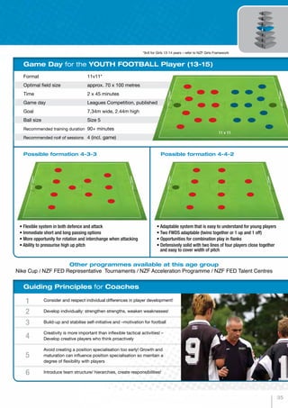 Format	11v11*
Optimal field size 	 approx. 70 x 100 metres
Time	 2 x 45 minutes
Game day	 Leagues Competition, published
Goal	 7.34m wide, 2.44m high
Ball size	 Size 5
Recommended training duration	 90+ minutes
Recommended no# of sessions	 4 (incl. game)
Game Day for the YOUTH FOOTBALL Player (13-15)
Guiding Principles for Coaches
Other programmes available at this age group
Nike Cup / NZF FED Representative Tournaments / NZF Acceleration Programme / NZF FED Talent Centres
Consider and respect individual differences in player development!
Develop individually: strengthen strengths, weaken weaknesses!
Build-up and stabilise self-initiative and –motivation for football
Creativity is more important than inflexible tactical activities! –
Develop creative players who think proactively
Avoid creating a position specialisation too early! Growth and
maturation can influence position specialisation so maintain a
degree of flexibility with players
Introduce team structure/ hierarchies, create responsibilities!
1
2
3
4
5
6
Possible formation 4-3-3 Possible formation 4-4-2
• Flexible system in both defence and attack
• Immediate short and long passing options
• More opportunity for rotation and interchange when attacking
• Ability to pressurise high up pitch
• Adaptable system that is easy to understand for young players
• Two FWDS adaptable (twins together or 1 up and 1 off)
• Opportunities for combination play in flanks
• Defensively solid with two lines of four players close together
and easy to cover width of pitch
11 v 11
*9v9 for Girls 13-14 years – refer to NZF Girls Framework
35
 