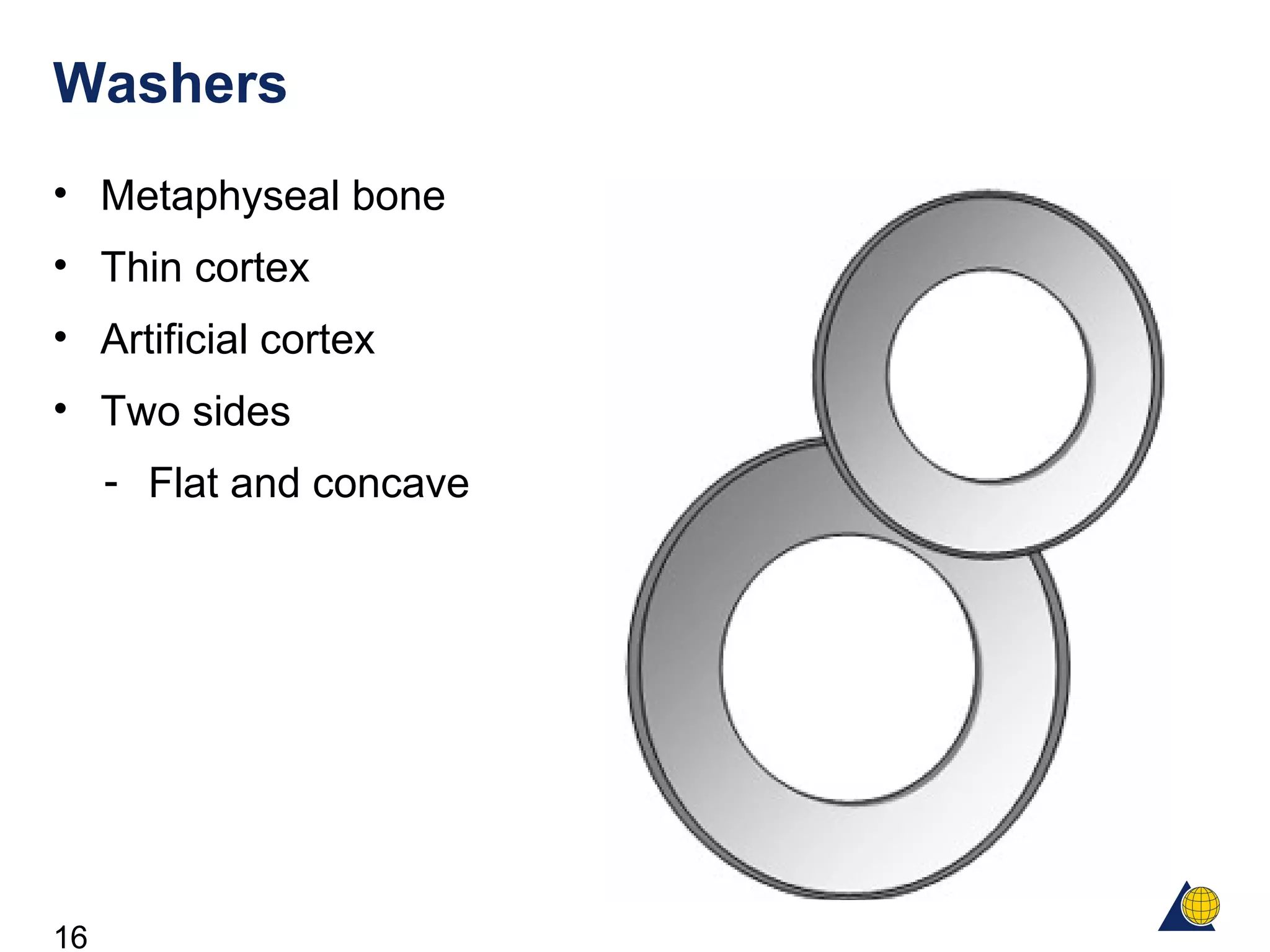 16
Washers
• Metaphyseal bone
• Thin cortex
• Artificial cortex
• Two sides
- Flat and concave
 