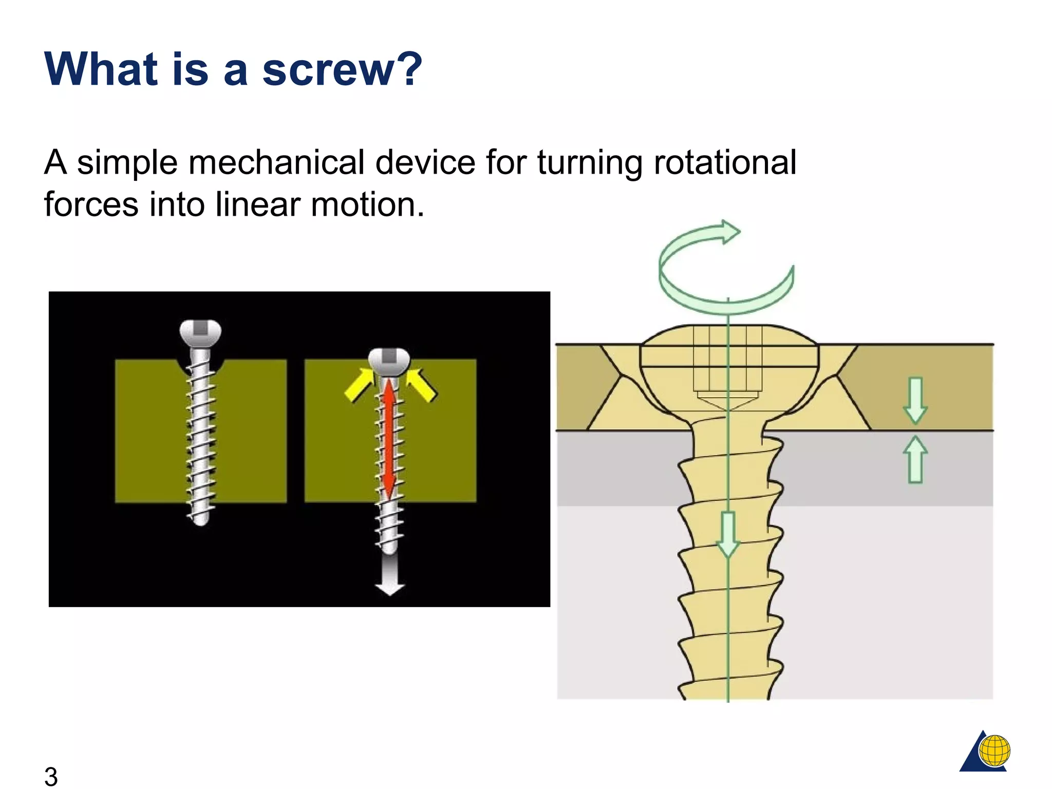3
What is a screw?
A simple mechanical device for turning rotational
forces into linear motion.
 