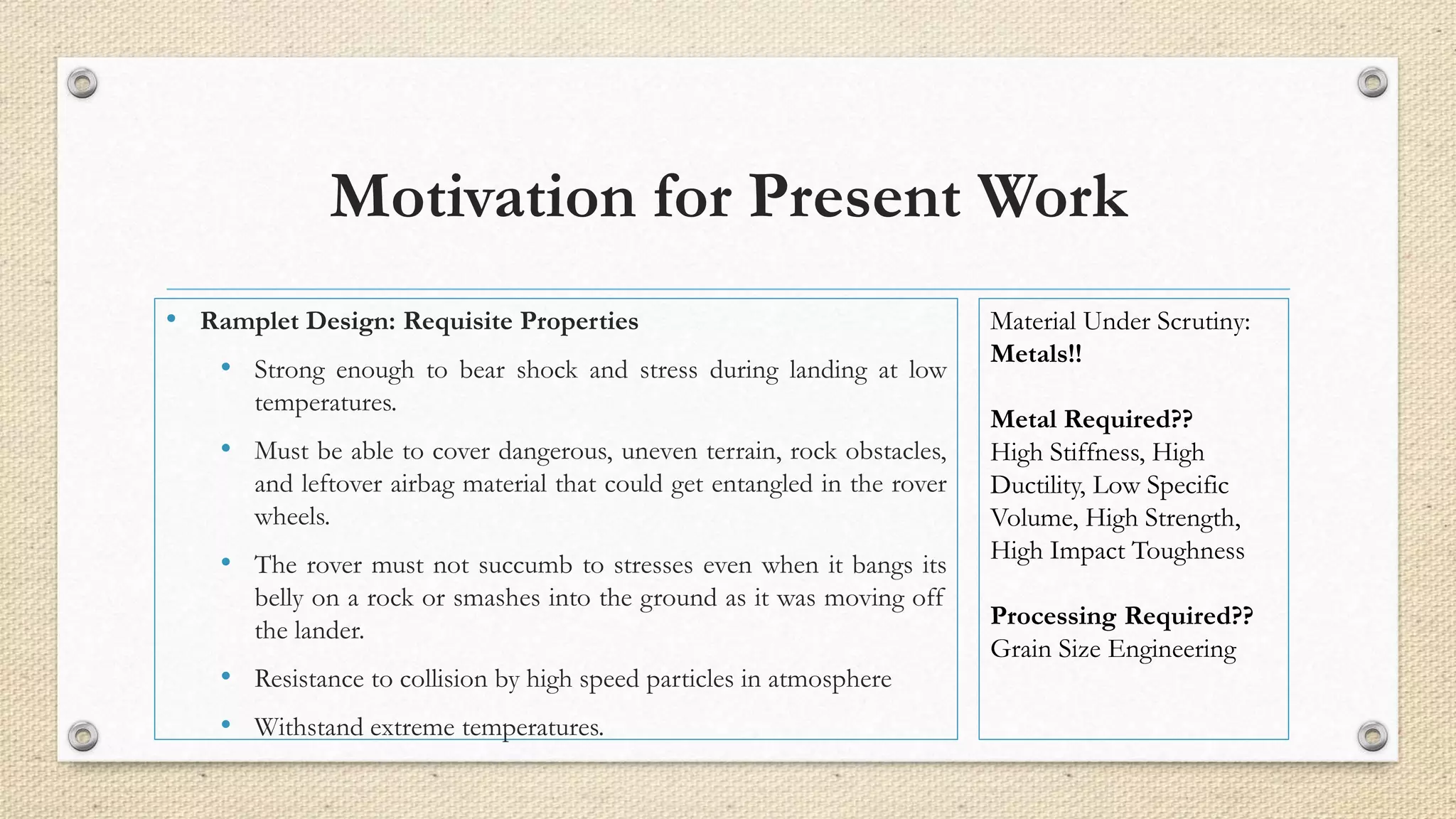 Motivation for Present Work 
• Ramplet Design: Requisite Properties 
• Strong enough to bear shock and stress during landing at low 
temperatures. 
• Must be able to cover dangerous, uneven terrain, rock obstacles, 
and leftover airbag material that could get entangled in the rover 
wheels. 
• The rover must not succumb to stresses even when it bangs its 
belly on a rock or smashes into the ground as it was moving off 
the lander. 
• Resistance to collision by high speed particles in atmosphere 
• Withstand extreme temperatures. 
Material Under Scrutiny: 
Metals!! 
Metal Required?? 
High Stiffness, High 
Ductility, Low Specific 
Volume, High Strength, 
High Impact Toughness 
Processing Required?? 
Grain Size Engineering 
 