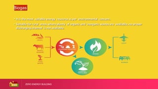 ZERO ENERGY BUILDING
Biogas
• It is the most suitable energy resource as per environmental concern.
• Suitable for rural areas where plenty of organic and inorganic wastes are available, no proper
discharging channel is not available.
 