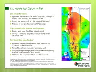 Mt. Messenger Opportunities
Drill-proven formation
 Significant discoveries to the west (TAG: Cheal), south (NZEC:
Copper Moki, Waitapu) and east (Kea: Puka)
 Prospective resources: 2,061,000 bbl oil (100% basis)1
 Miocene oil and gas shows across TWN acreage
Low-cost production potential in existing wells 2
 Copper Moki water flood (see separate slide)
 Waihapa 2 Jet Pump project successfully completed in
December 2014
New exploration opportunities 2
 More than 18 new Mt. Messenger leads identified on
3D seismic on TWN Licenses
 None of these leads intersected by existing wells
 Drill pads and gathering systems in place  reduced drilling
expense, expedited tie-in, reduced opex
 Additional drill targets on Eltham and Alton permits
1. Prospective resources for Mt. Messenger formation only, shown on a 100% basis. Additional ~640,000
bbl prospective resources estimated for Urenui and Moki formations. Resources attributable to NZEC at
50%. See TWN Resource Estimate and Cautionary Notes.
2. To carry out planned development activities, the Company is considering a number of options to
increase its financial capacity, including additional joint arrangements, commercial arrangements, or
other financing alternatives. NZEC requires additional working capital or a funding partner to commence
drilling new exploration opportunities.
16
 