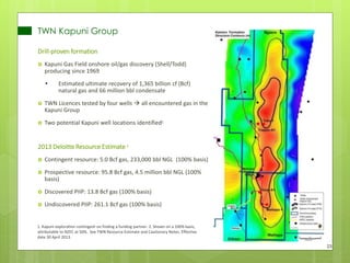 TWN Kapuni Group
Drill-proven formation
 Kapuni Gas Field onshore oil/gas discovery (Shell/Todd)
producing since 1969
• Estimated ultimate recovery of 1,365 billion cf (Bcf)
natural gas and 66 million bbl condensate
 TWN Licences tested by four wells  all encountered gas in the
Kapuni Group
 Two potential Kapuni well locations identified1
2013 Deloitte Resource Estimate 2
 Contingent resource: 5.0 Bcf gas, 233,000 bbl NGL (100% basis)
 Prospective resource: 95.8 Bcf gas, 4.5 million bbl NGL (100%
basis)
 Discovered PIIP: 13.8 Bcf gas (100% basis)
 Undiscovered PIIP: 261.1 Bcf gas (100% basis)
1. Kapuni exploration contingent on finding a funding partner. 2. Shown on a 100% basis,
attributable to NZEC at 50%. See TWN Resource Estimate and Cautionary Notes. Effective
date 30 April 2013.
23
 