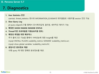 © 2021 NeoClova Co.,LTD
25
Ⅱ. Percona Server 5.7
1. User Statistics 진단
userstat, thread_statistics 변수와 INFORMATION_SCHEMA의 테이블들로 사용자별 session 진단 가능
2. Slow Query Log
pt-query-digest도구를 통해서 유사쿼리집계, 필터링, 세부적인 제어가 가능
3. 확장된 SHOW ENGINE INNODB STATUS
4. Thread기반 프로파일링 지원(OS지원 경우)
5. 확장성 측정을 위한 매트릭스
추가 플러그인 기능을 통해서 서버성능에 대한 Insight를 제공
mysql>INSTALL PLUGIN scalability_metrics SONAME ‘scalability_metrics.so’;
mysql>show global variables ‘scalability_metrics%’;
6. 응답시간 분포정보 제공
수행 query 에 대한 정확한 분포정보를 제공.
7. Diagnostics
 