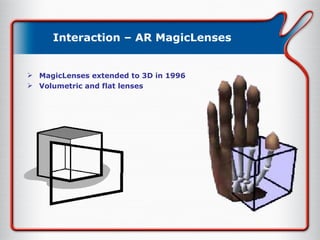 Interaction – AR MagicLenses MagicLenses extended to 3D in 1996 Volumetric and flat lenses 