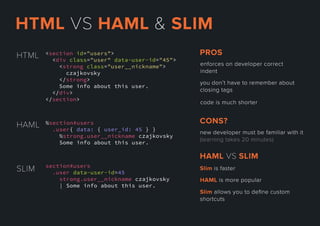 <section id="users">
<div class="user" data-user-id="45">
<strong class="user__nickname">
czajkovsky
</strong>
Some info about this user.
</</div>
</section>
HTML
SLIM section#users
.user data-user-id=45
strong.user__nickname czajkovsky
| Some info about this user.
HAML %section#users
.user{ data: { user_id: 45 } }
%strong.user__nickname czajkovsky
Some info about this user.
enforcesondevelopercorrect
indent
youdon’thavetorememberabout
closingtags
codeismuchshorter
PROS
newdevelopermustbefamiliarwithit
(learningtakes20minutes)
CONS?
Slim isfaster
Slim allowsyoutodeﬁnecustom
shortcuts
HAMLismorepopular
HAMLVSSLIM
HTMLVSHAML&SLIM
 