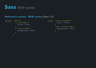Referencesymbol-BEM syntax(Sass3.3)
.user {
&__nickname {
color: #f00;
}
&--unverified {
background: #00f;
}}
}
SCSS .user__nickname {
color: #f00;
}
.user--unverified {
background: #00f;
}
CSS
SassBEMsyntax
 