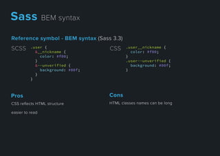 Referencesymbol-BEM syntax(Sass3.3)
.user {
&__nickname {
color: #f00;
}
&--unverified {
background: #00f;
}}
}
SCSS .user__nickname {
color: #f00;
}
.user--unverified {
background: #00f;
}
CSS
CSSreﬂectsHTMLstructure
easiertoread
Pros
HTMLclassesnamescanbelong
Cons
SassBEMsyntax
 